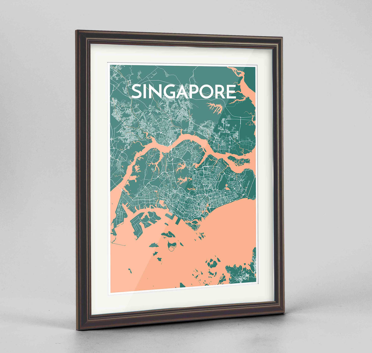Framed Singapore Map Art Print 24x36&quot; Traditional Walnut frame Point Two Design Group