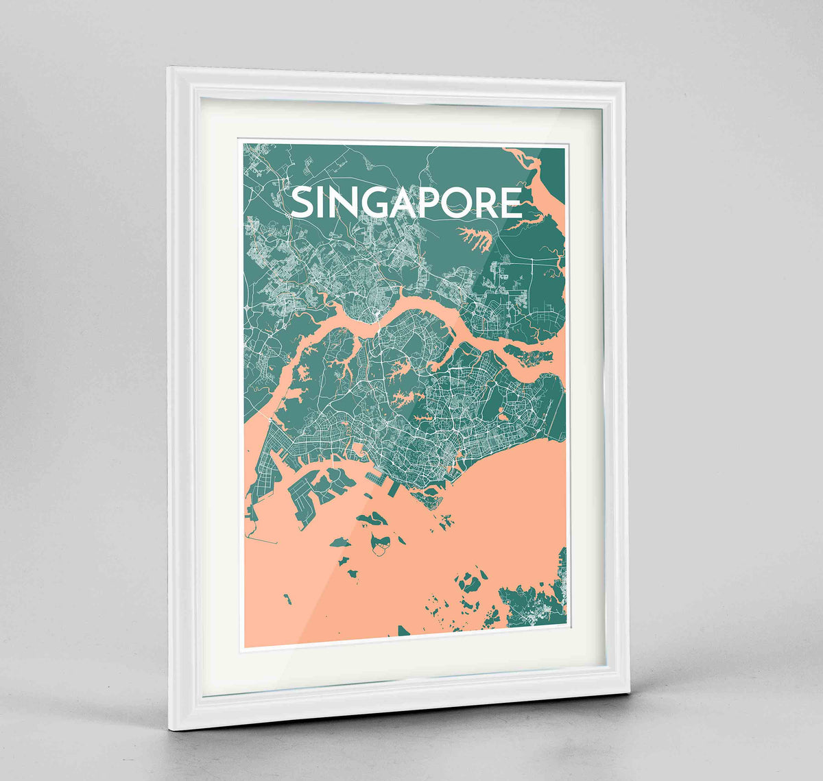 Framed Singapore Map Art Print 24x36&quot; Traditional White frame Point Two Design Group
