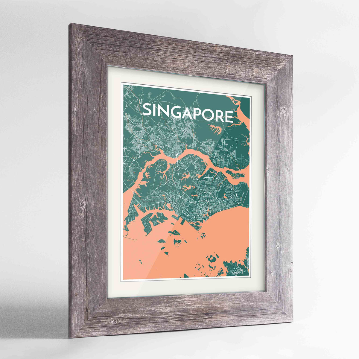 Framed Singapore Map Art Print 24x36&quot; Western Grey frame Point Two Design Group