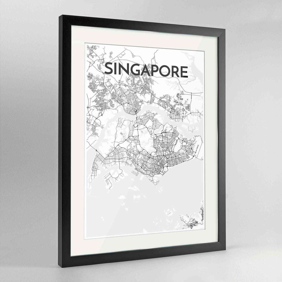 Framed Singapore Map Art Print 24x36&quot; Contemporary Black frame Point Two Design Group