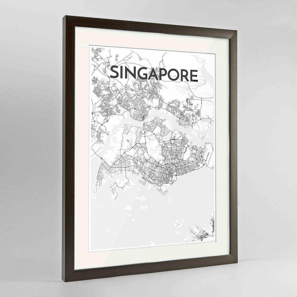 Framed Singapore Map Art Print 24x36&quot; Contemporary Walnut frame Point Two Design Group
