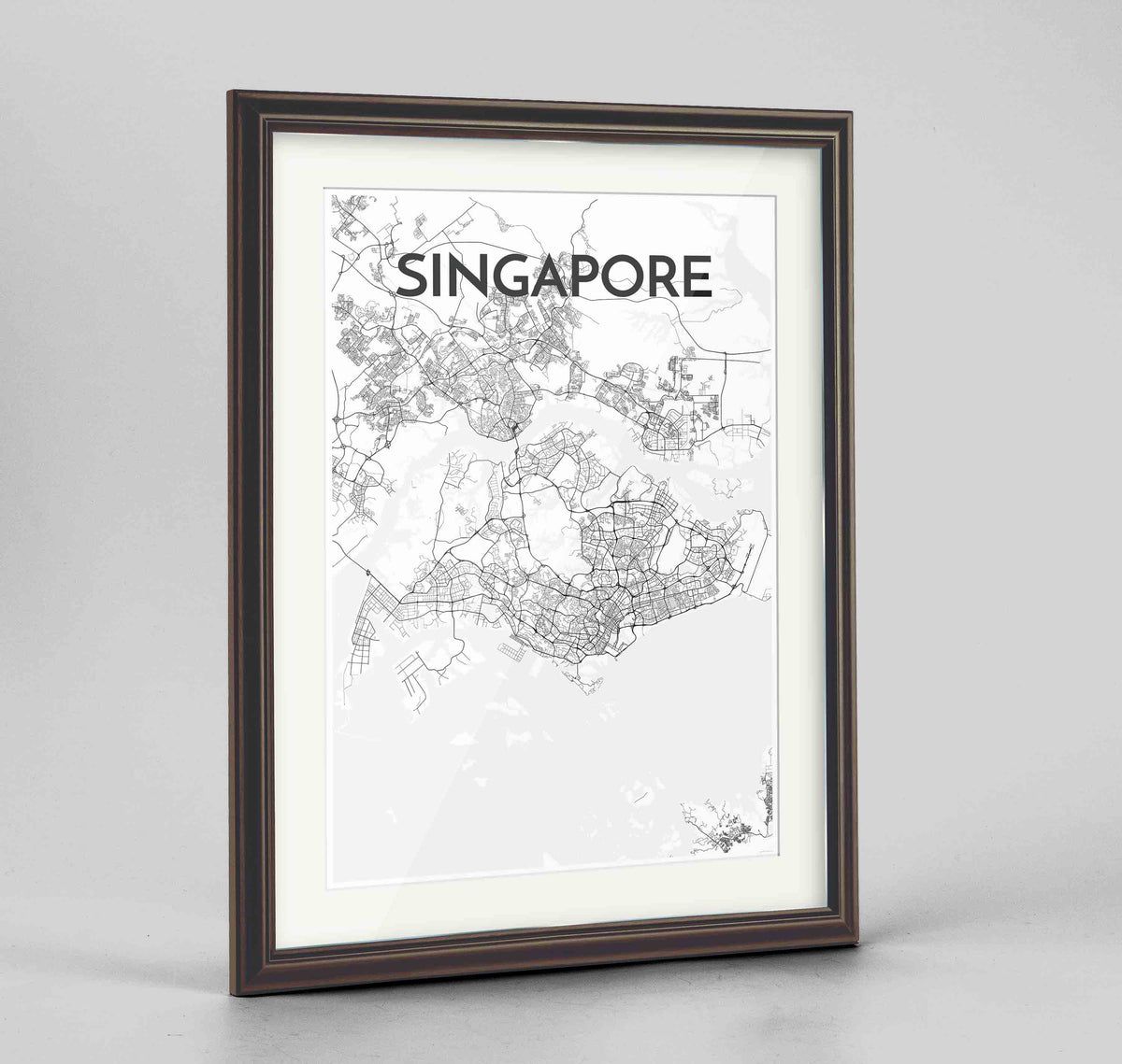 Framed Singapore Map Art Print 24x36&quot; Traditional Walnut frame Point Two Design Group