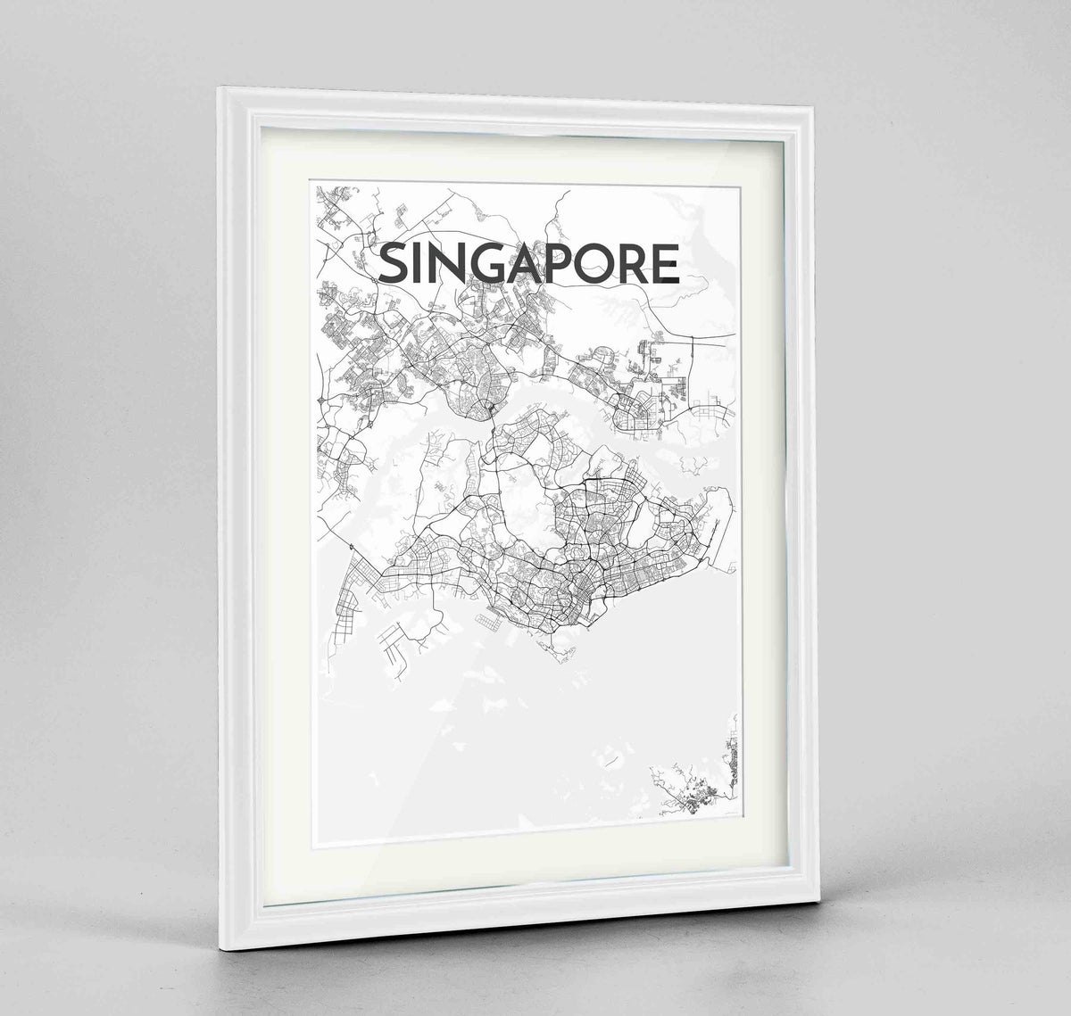 Framed Singapore Map Art Print 24x36&quot; Traditional White frame Point Two Design Group