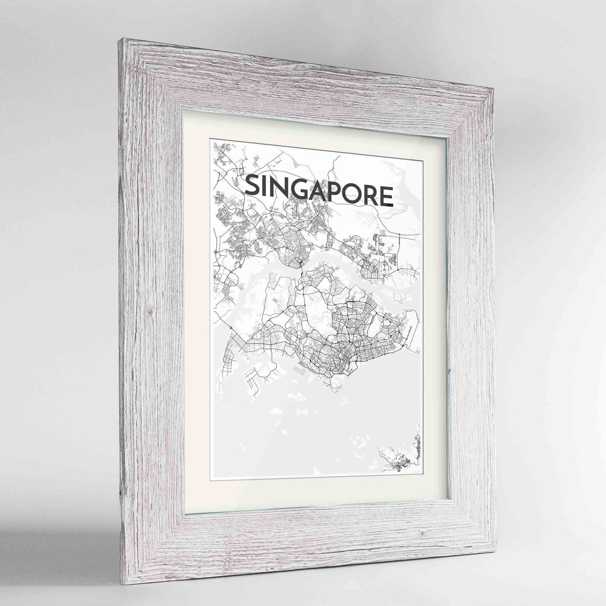 Framed Singapore Map Art Print 24x36&quot; Western White frame Point Two Design Group