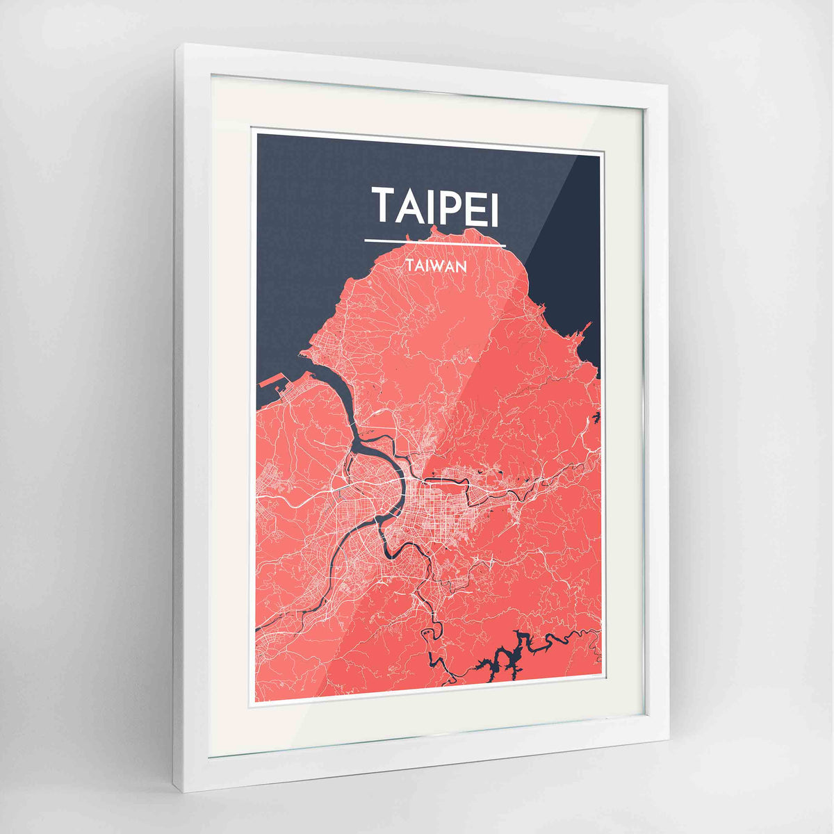 Framed Taipei Map Art Print 24x36&quot; Contemporary White frame Point Two Design Group