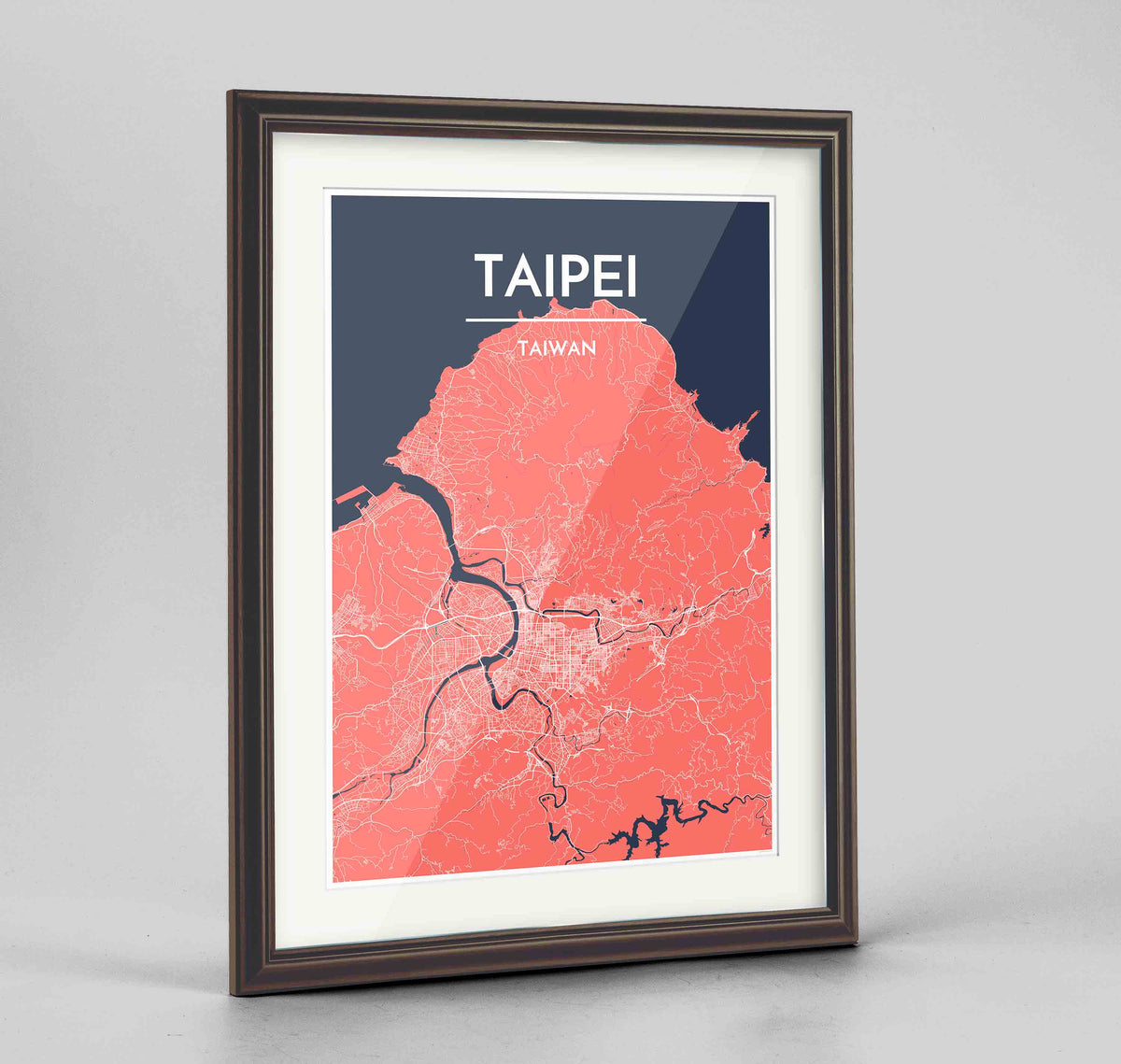 Framed Taipei Map Art Print 24x36&quot; Traditional Walnut frame Point Two Design Group