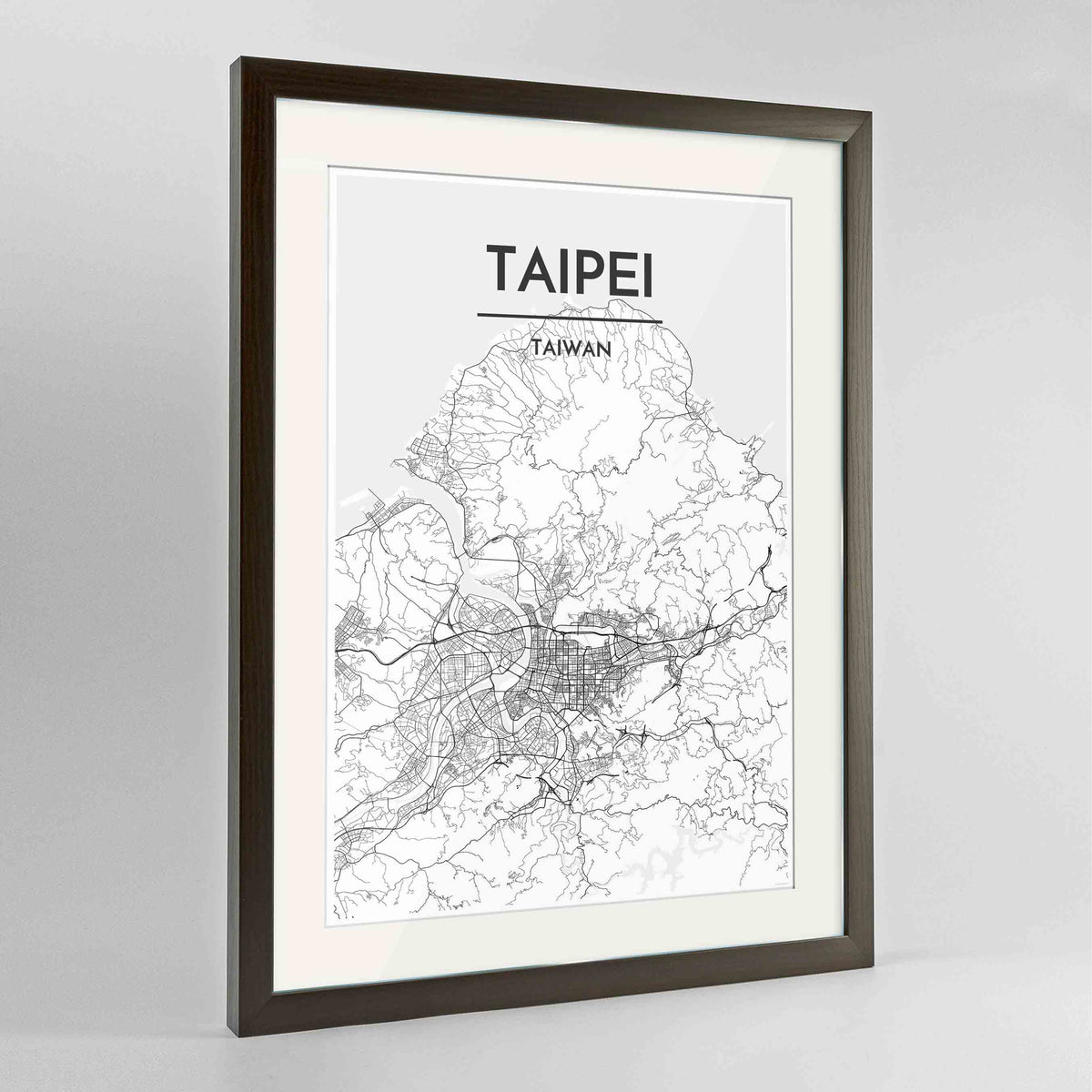 Framed Taipei Map Art Print 24x36&quot; Contemporary Walnut frame Point Two Design Group