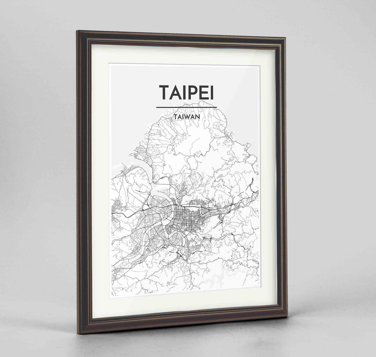 Framed Taipei Map Art Print 24x36&quot; Traditional Walnut frame Point Two Design Group