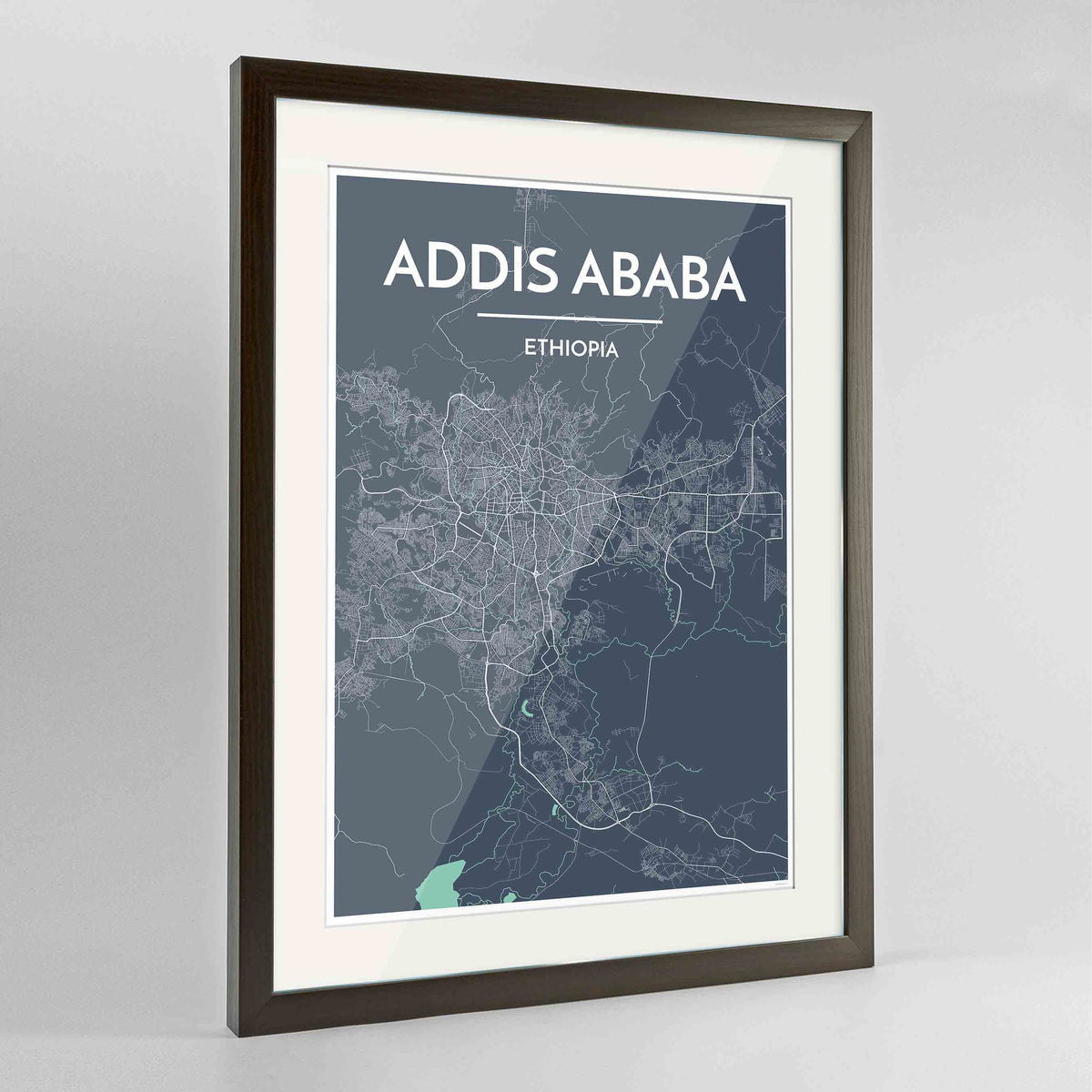 Framed Addis Ababa Map Art Print 24x36&quot; Contemporary Walnut frame Point Two Design Group
