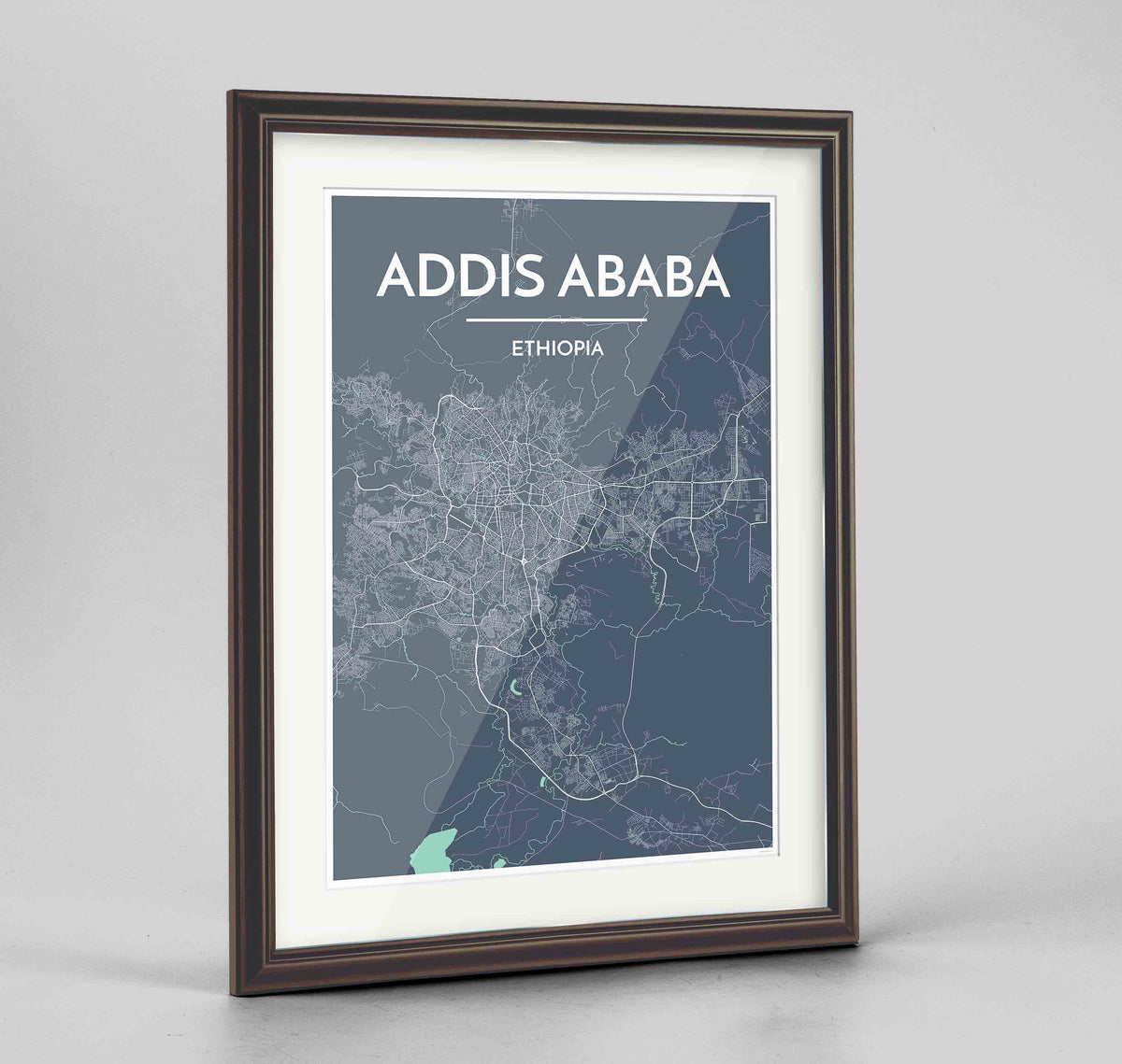 Framed Addis Ababa Map Art Print 24x36&quot; Traditional Walnut frame Point Two Design Group