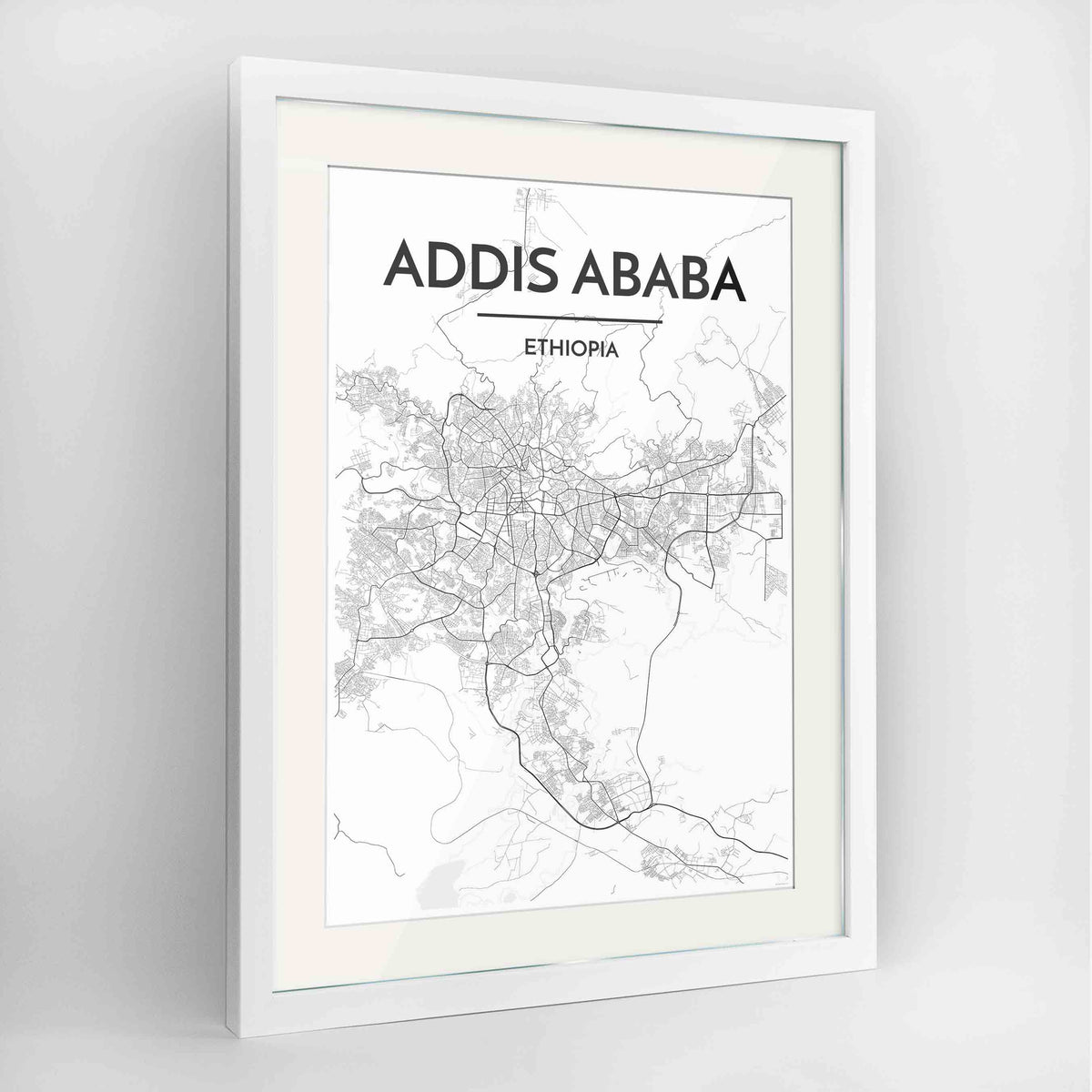 Framed Addis Ababa Map Art Print 24x36&quot; Contemporary White frame Point Two Design Group