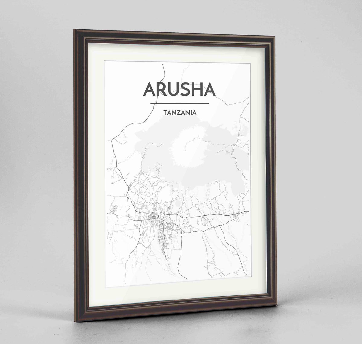 Framed Arusha Map Art Print 24x36&quot; Traditional Walnut frame Point Two Design Group