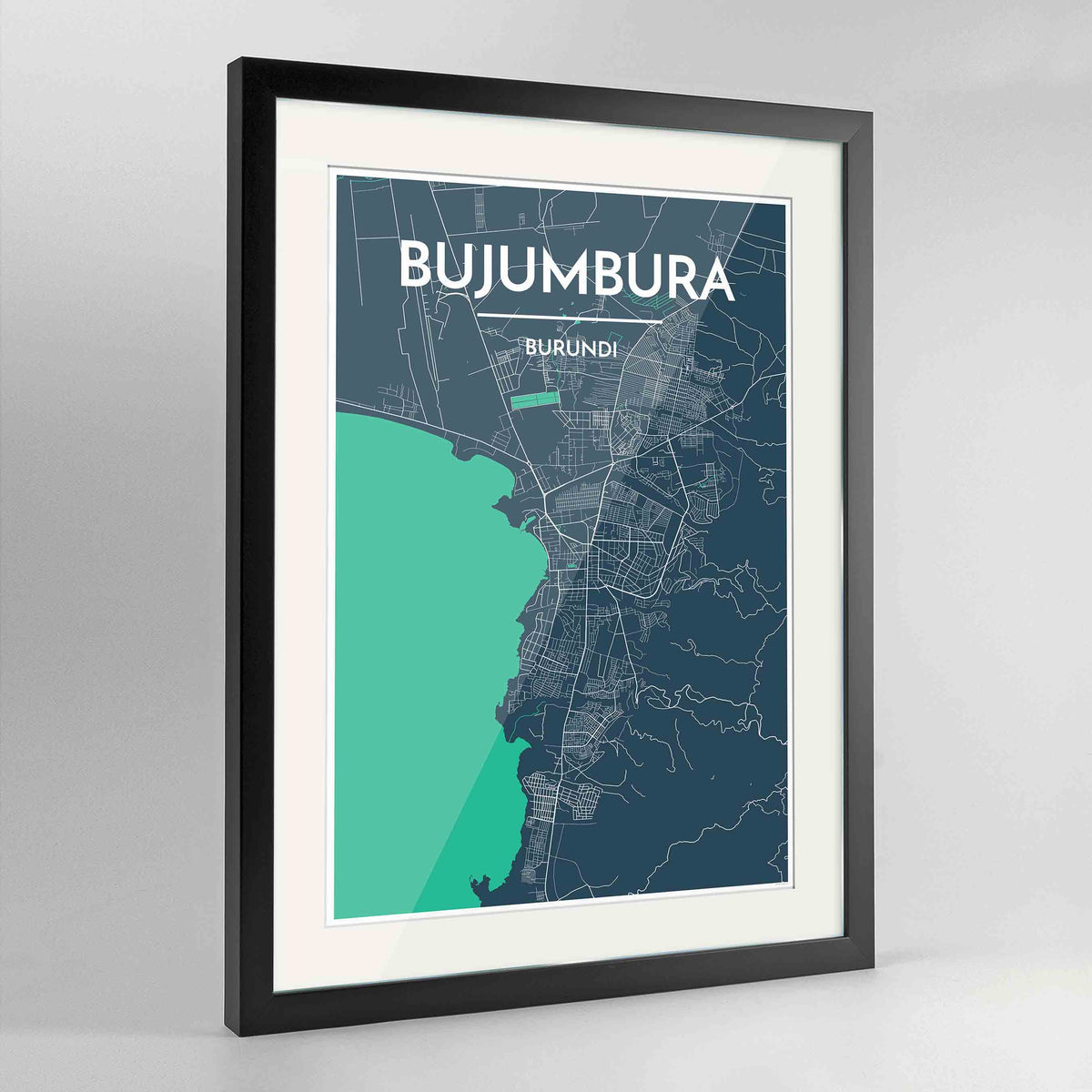 Framed Bujumbura Map Art Print 24x36&quot; Contemporary Black frame Point Two Design Group