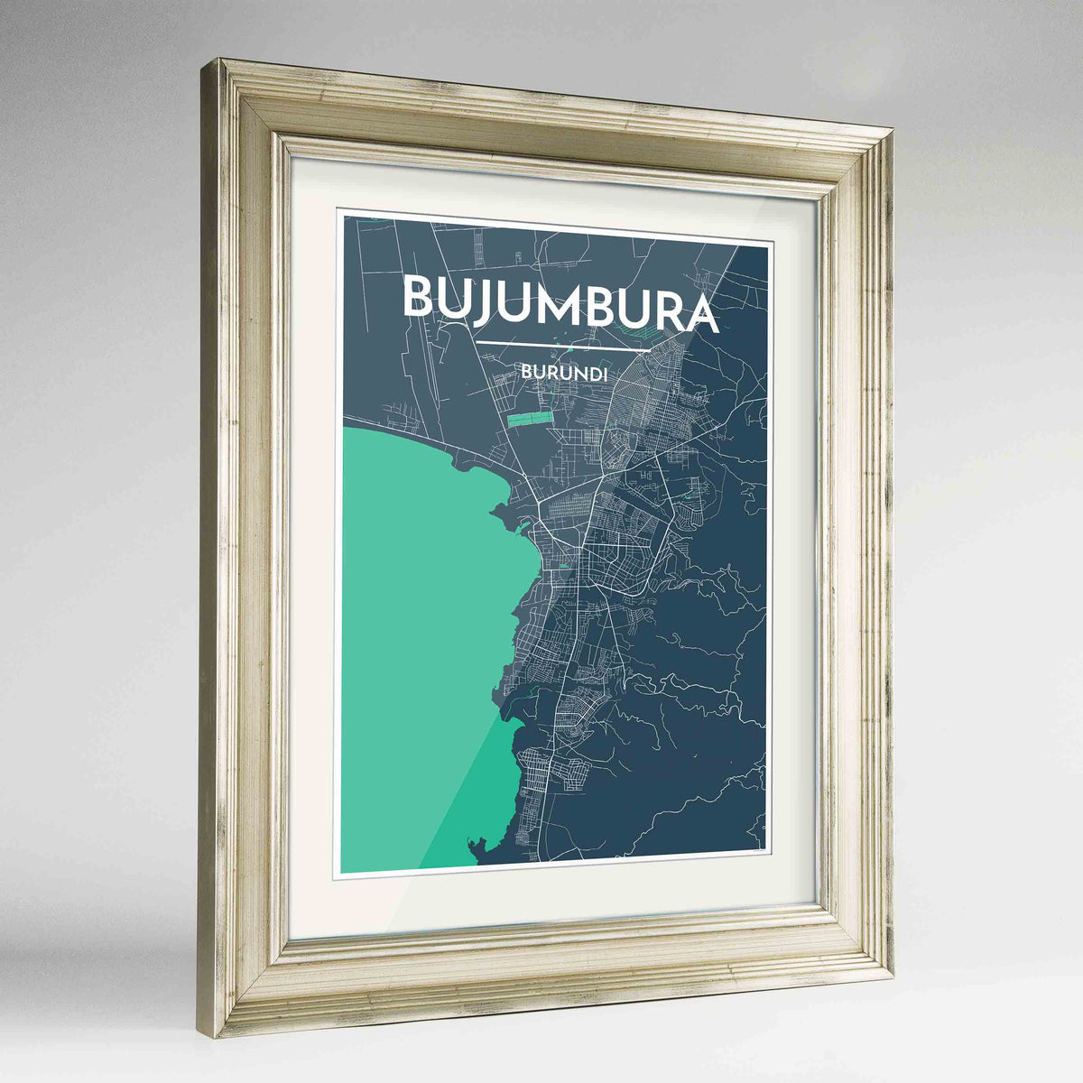 Framed Bujumbura Map Art Print 24x36&quot; Champagne frame Point Two Design Group