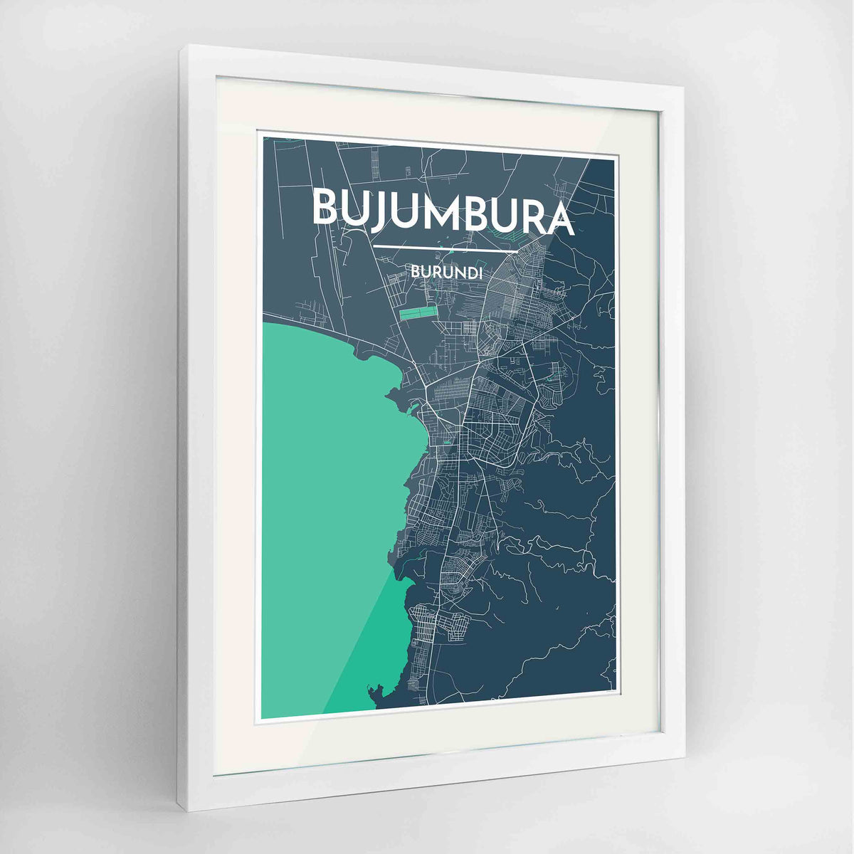 Framed Bujumbura Map Art Print 24x36&quot; Contemporary White frame Point Two Design Group
