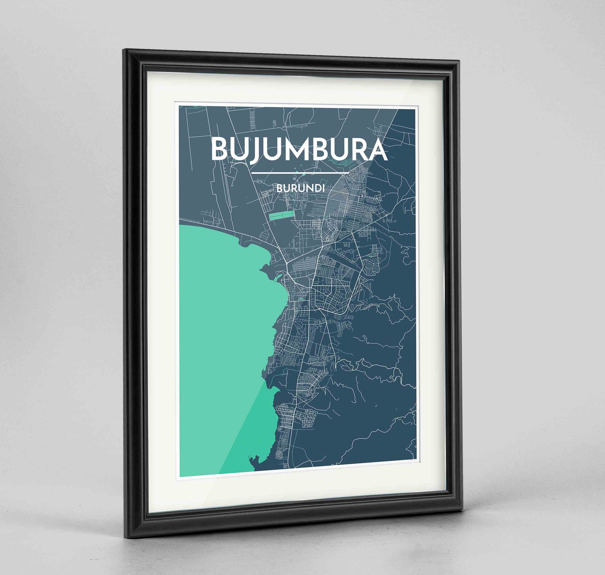 Framed Bujumbura Map Art Print 24x36" Traditional Black frame Point Two Design Group