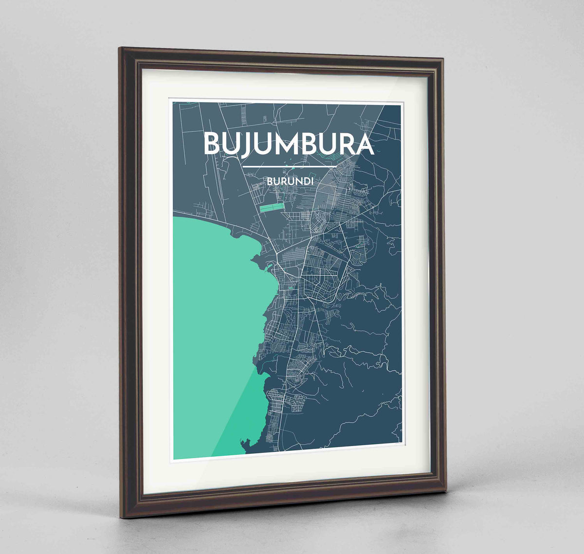 Framed Bujumbura Map Art Print 24x36&quot; Traditional Walnut frame Point Two Design Group