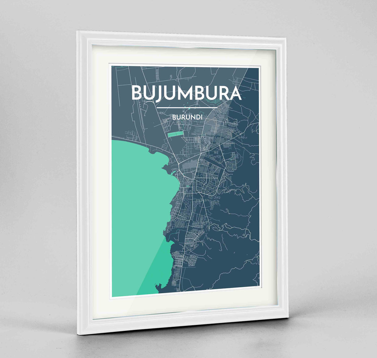 Framed Bujumbura Map Art Print 24x36&quot; Traditional White frame Point Two Design Group