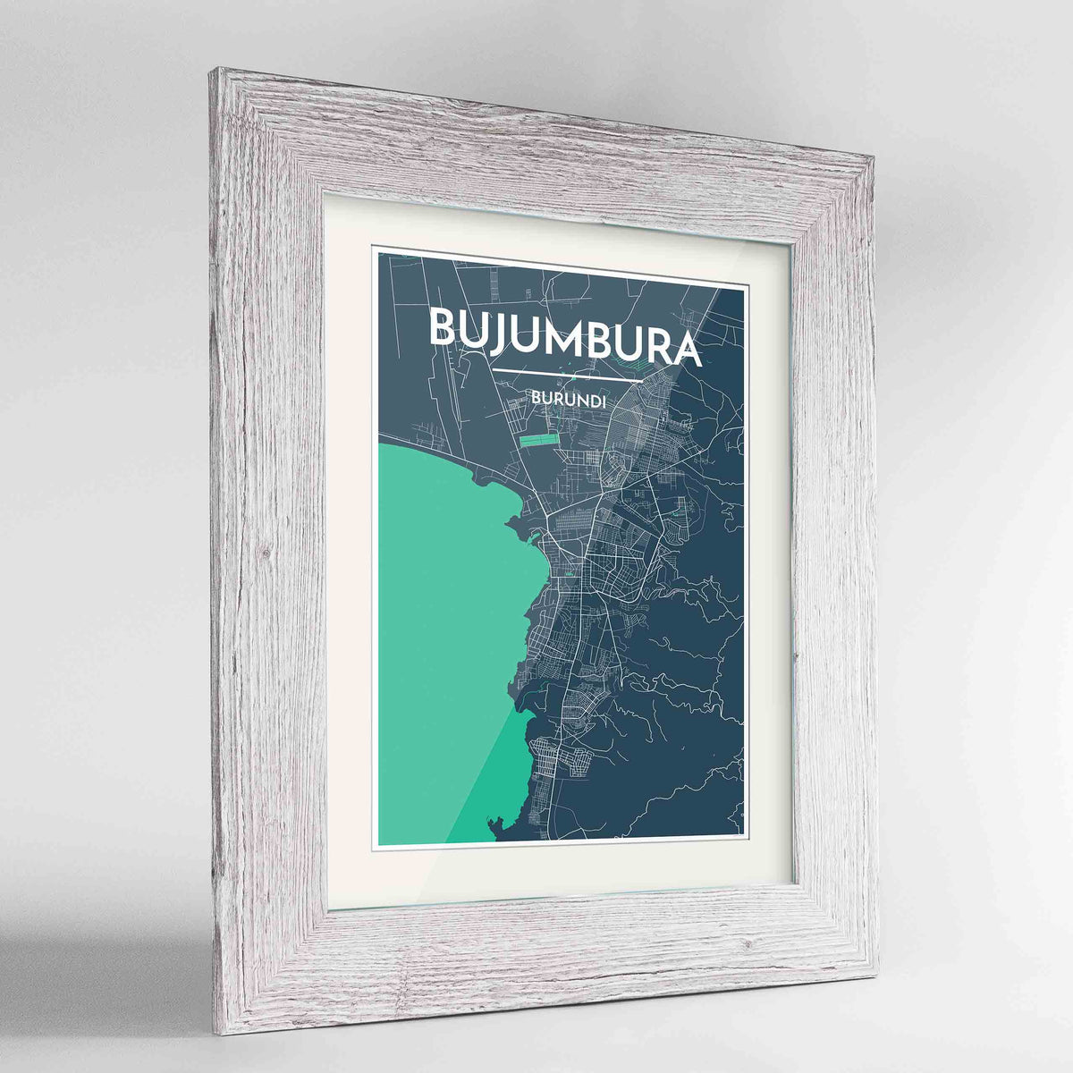 Framed Bujumbura Map Art Print 24x36&quot; Western White frame Point Two Design Group