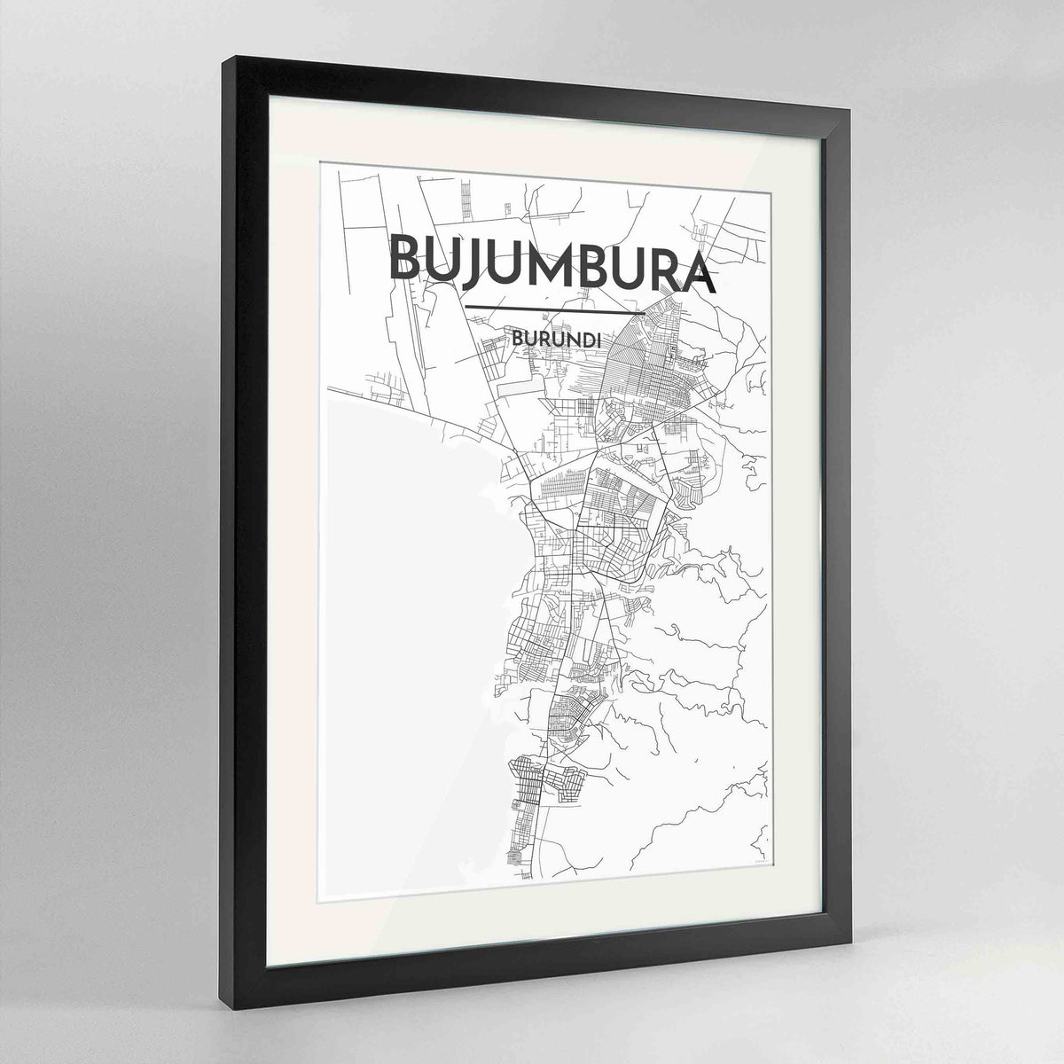 Framed Bujumbura Map Art Print 24x36&quot; Contemporary Black frame Point Two Design Group
