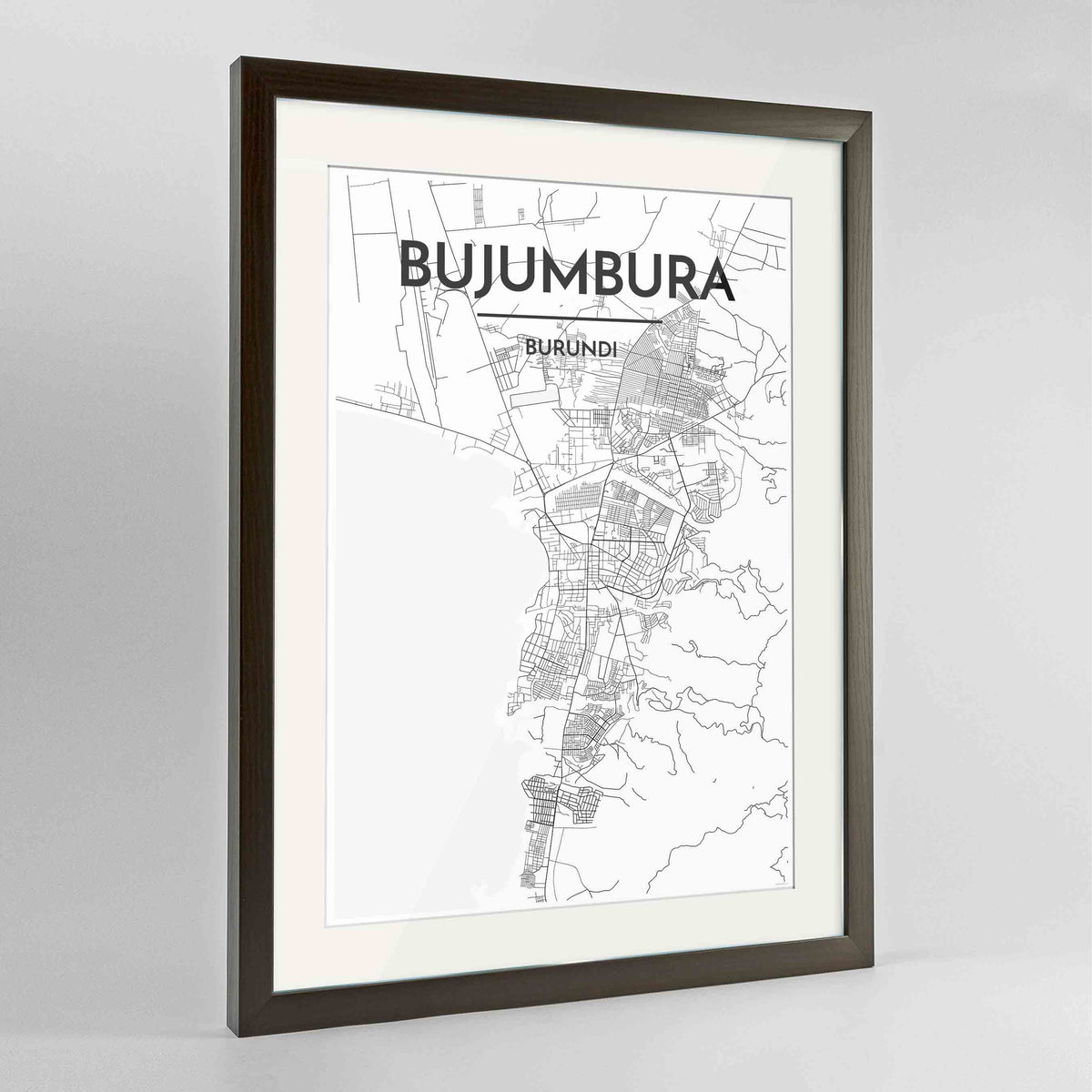 Framed Bujumbura Map Art Print 24x36&quot; Contemporary Walnut frame Point Two Design Group