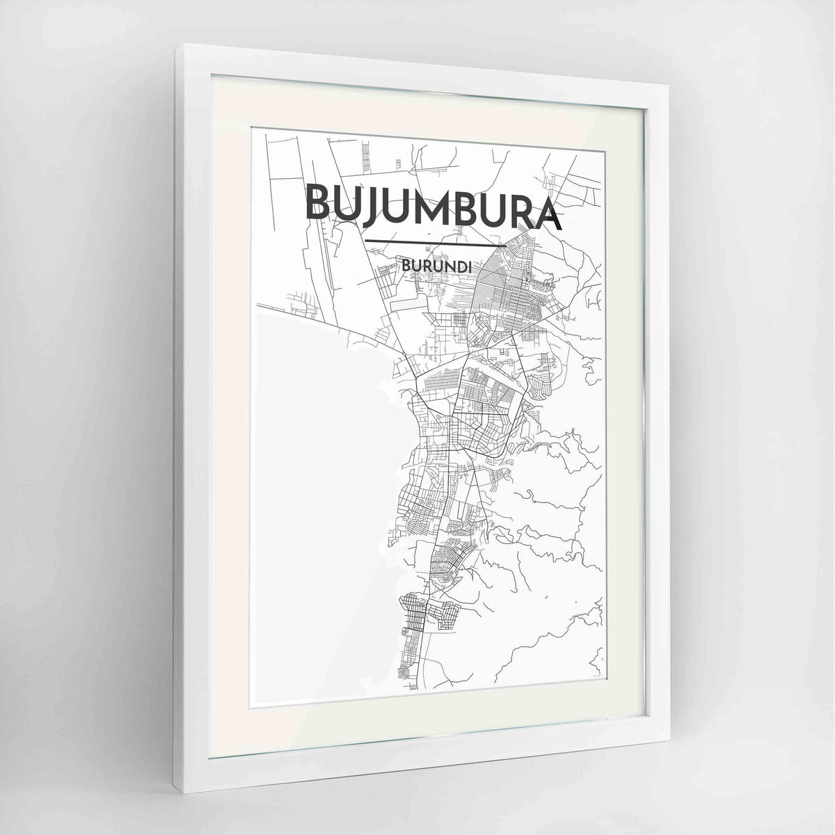 Framed Bujumbura Map Art Print 24x36&quot; Contemporary White frame Point Two Design Group