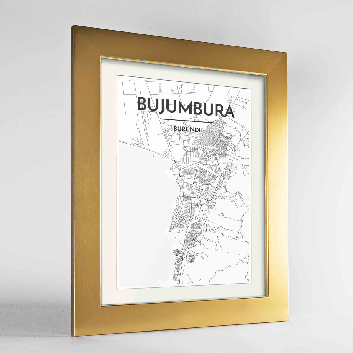Framed Bujumbura Map Art Print 24x36&quot; Gold frame Point Two Design Group