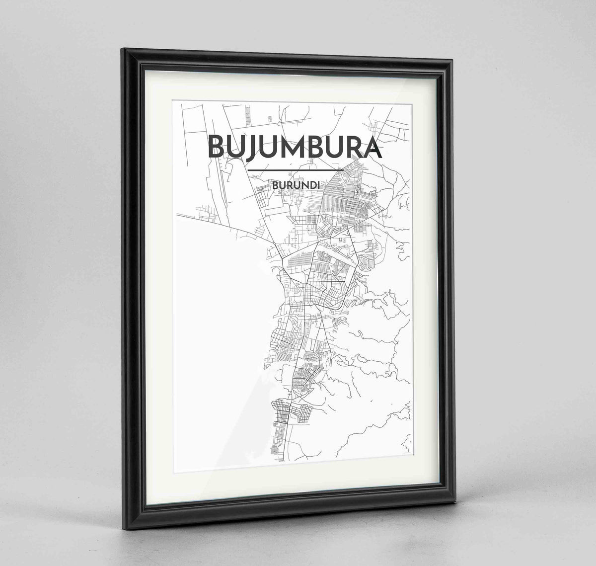 Framed Bujumbura Map Art Print 24x36&quot; Traditional Black frame Point Two Design Group