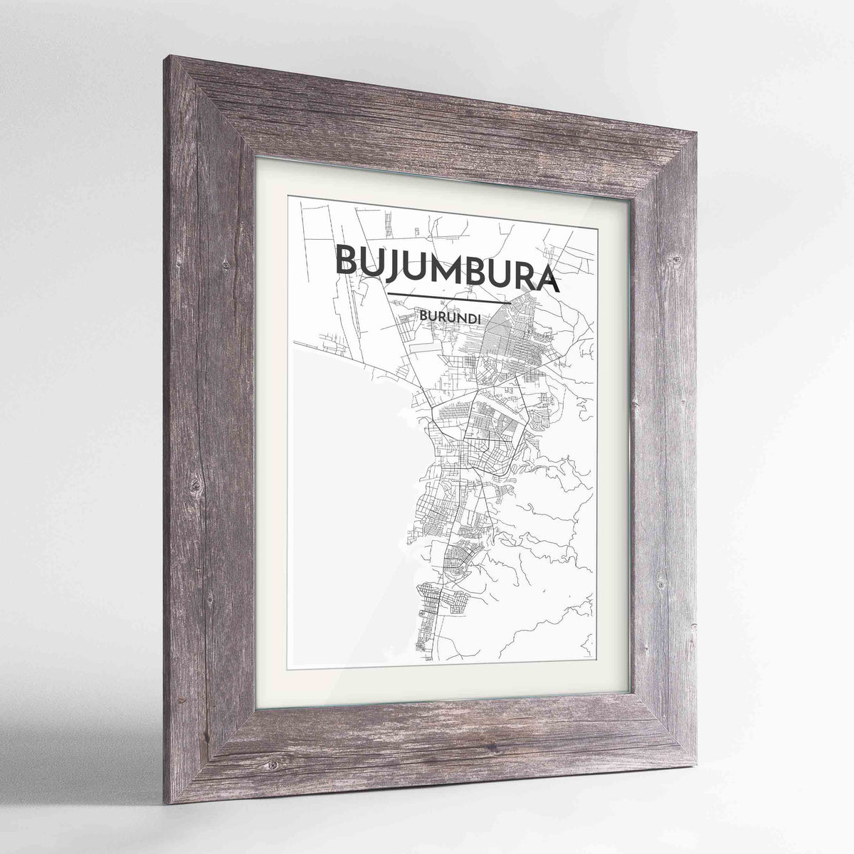Framed Bujumbura Map Art Print 24x36&quot; Western Grey frame Point Two Design Group