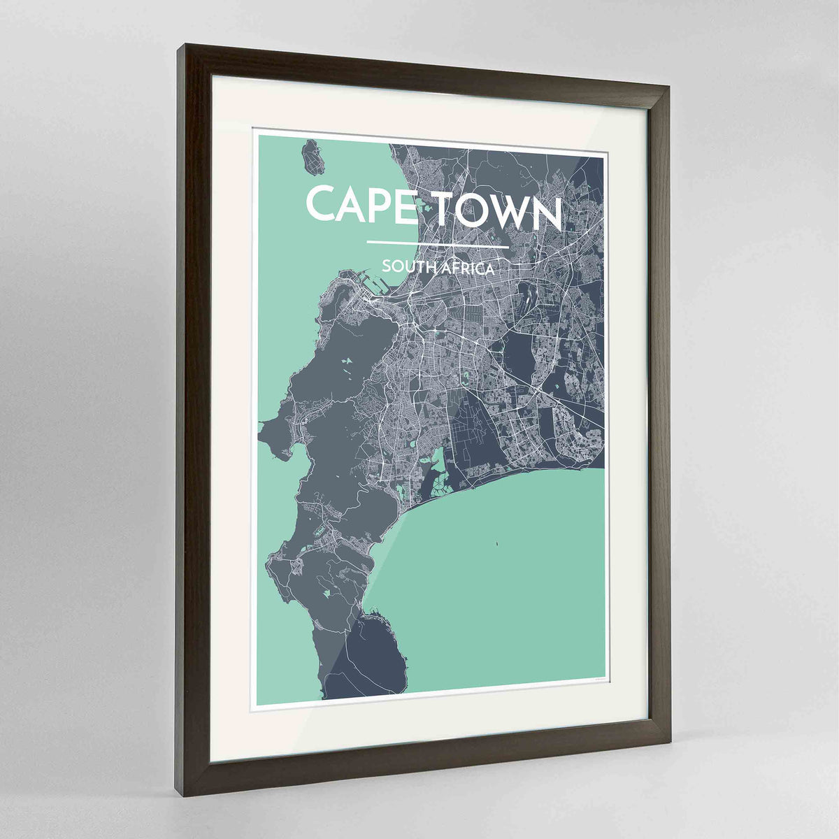 Framed Cape Town Map Art Print 24x36&quot; Contemporary Walnut frame Point Two Design Group