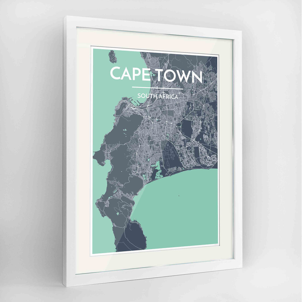 Framed Cape Town Map Art Print 24x36&quot; Contemporary White frame Point Two Design Group