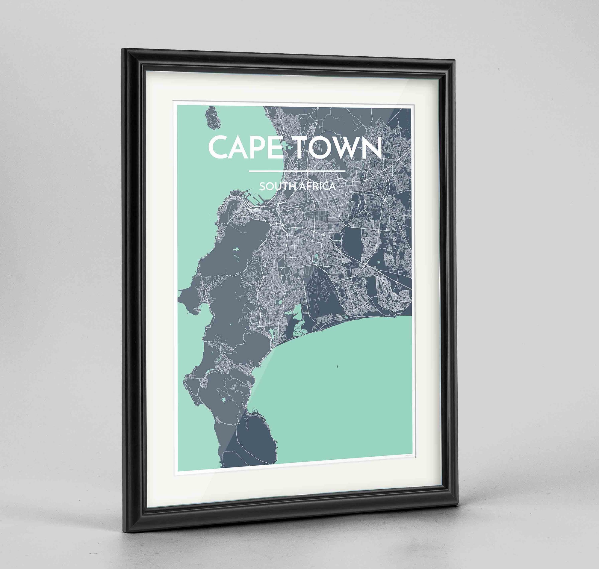 Framed Cape Town Map Art Print 24x36" Traditional Black frame Point Two Design Group