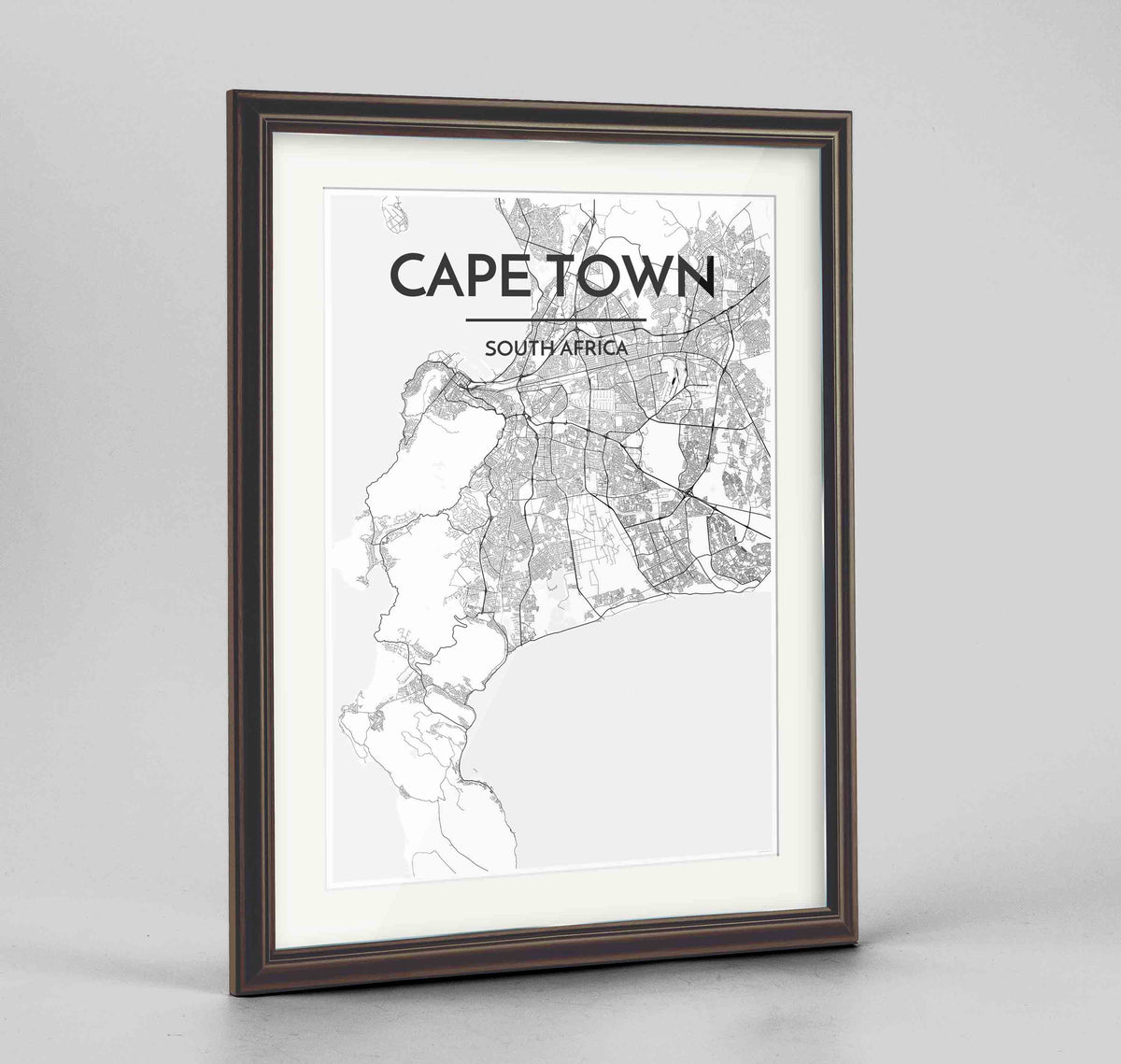 Framed Cape Town Map Art Print 24x36&quot; Traditional Walnut frame Point Two Design Group