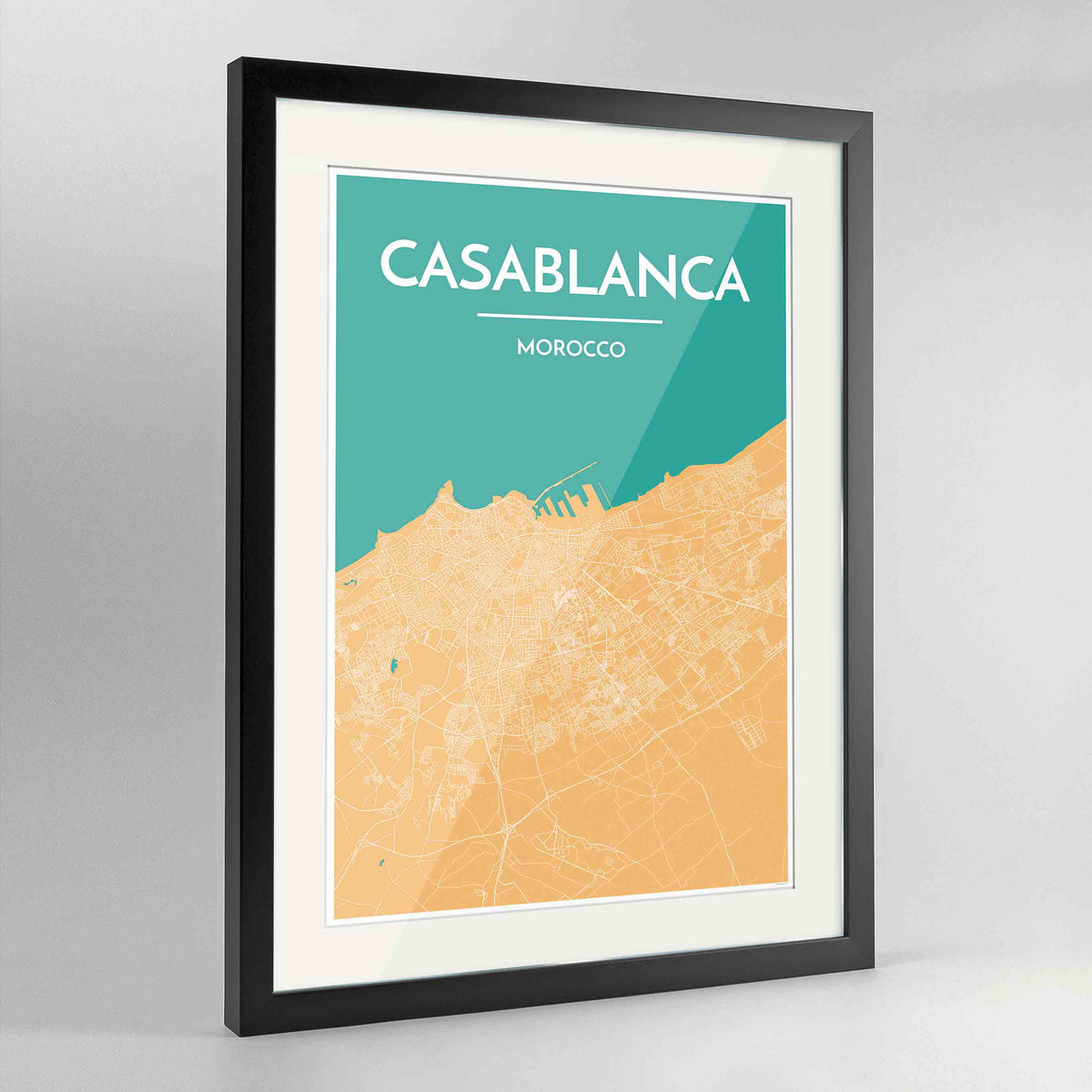 Framed Casablanca Map Art Print 24x36&quot; Contemporary Black frame Point Two Design Group