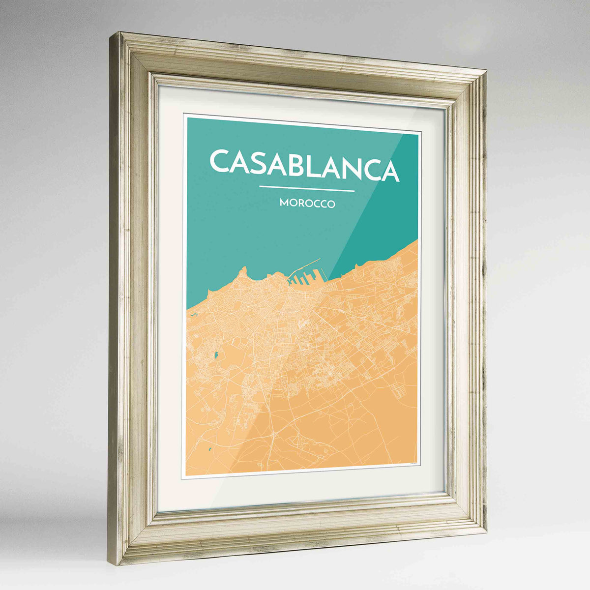 Framed Casablanca Map Art Print 24x36&quot; Champagne frame Point Two Design Group