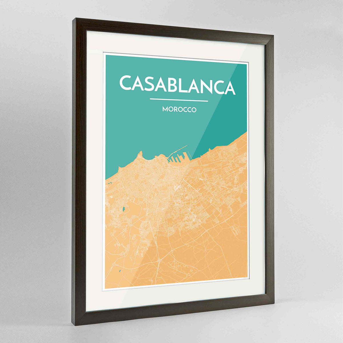 Framed Casablanca Map Art Print 24x36&quot; Contemporary Walnut frame Point Two Design Group