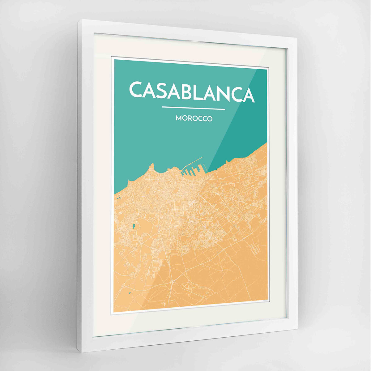 Framed Casablanca Map Art Print 24x36&quot; Contemporary White frame Point Two Design Group