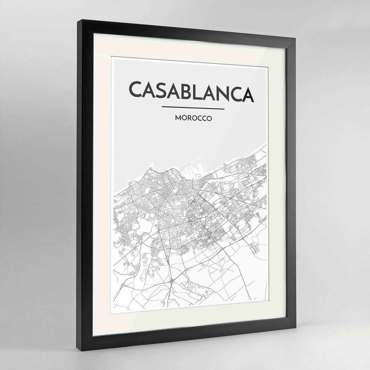 Framed Casablanca Map Art Print 24x36&quot; Contemporary Black frame Point Two Design Group