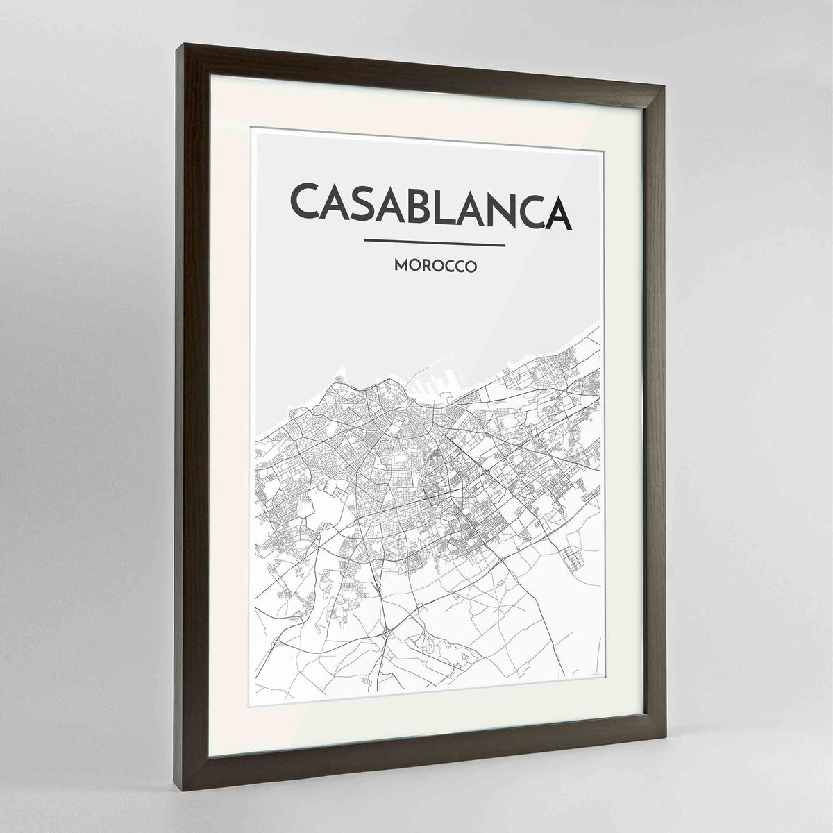 Framed Casablanca Map Art Print 24x36&quot; Contemporary Walnut frame Point Two Design Group