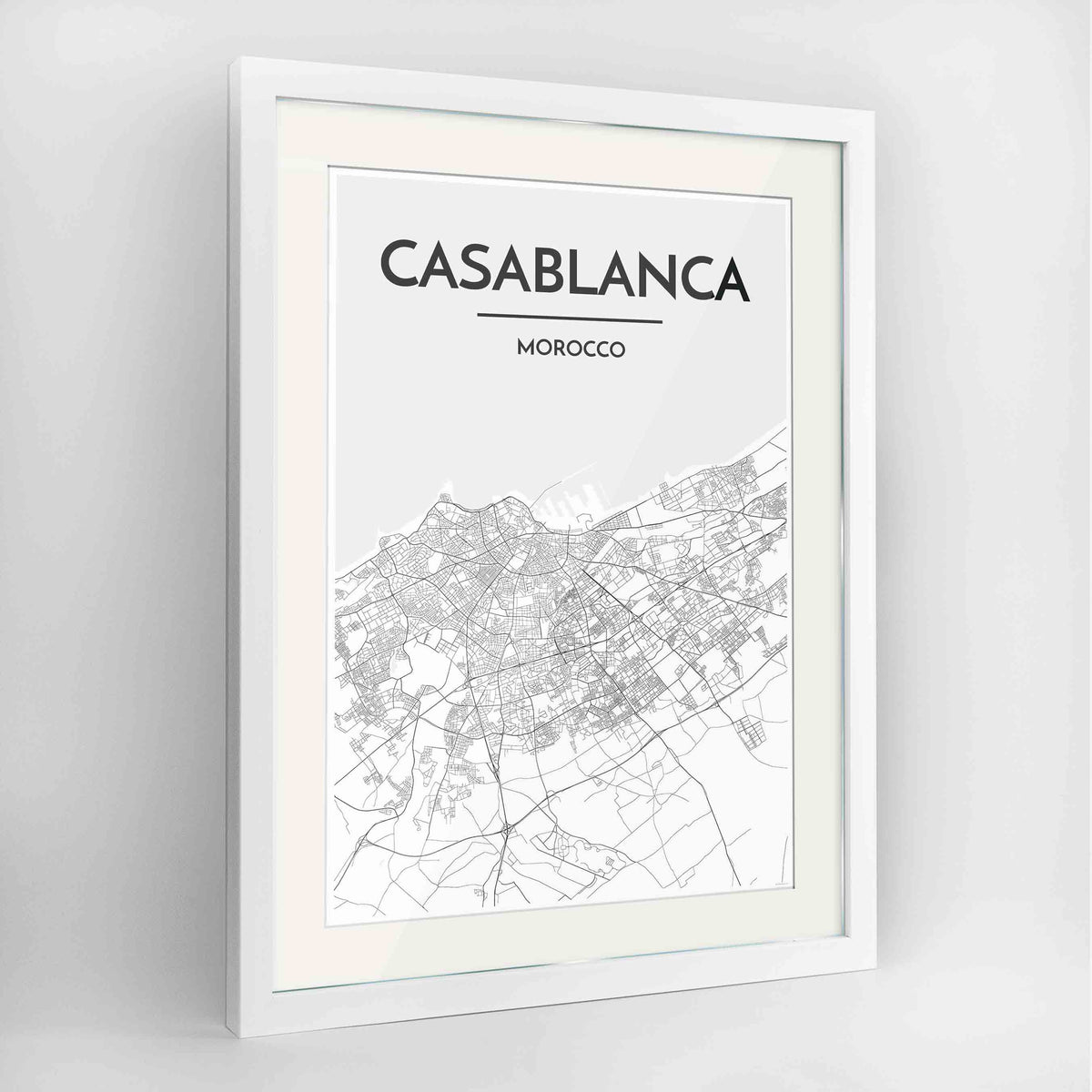 Framed Casablanca Map Art Print 24x36&quot; Contemporary White frame Point Two Design Group