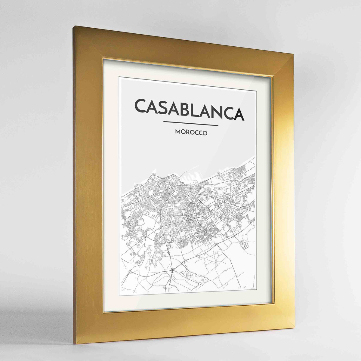 Framed Casablanca Map Art Print 24x36&quot; Gold frame Point Two Design Group