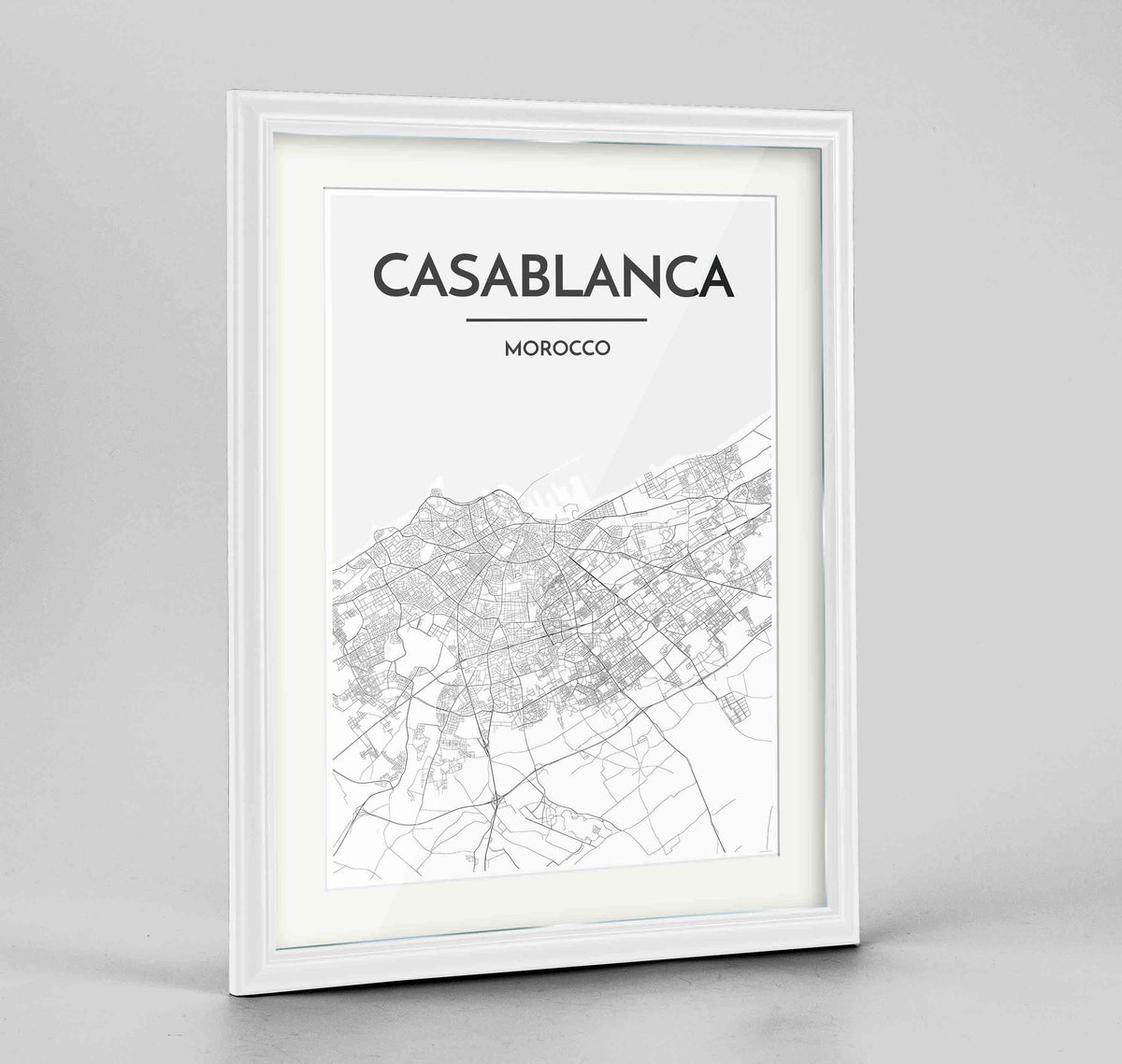 Framed Casablanca Map Art Print 24x36&quot; Traditional White frame Point Two Design Group