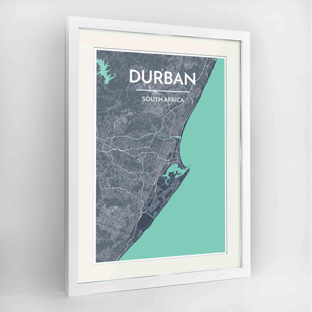 Framed Durban Map Art Print 24x36&quot; Contemporary White frame Point Two Design Group