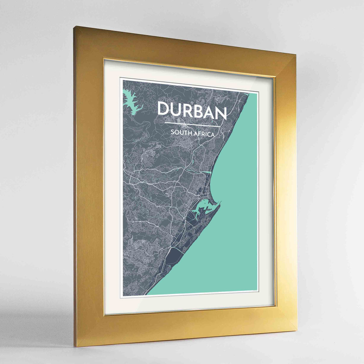 Framed Durban Map Art Print 24x36&quot; Gold frame Point Two Design Group