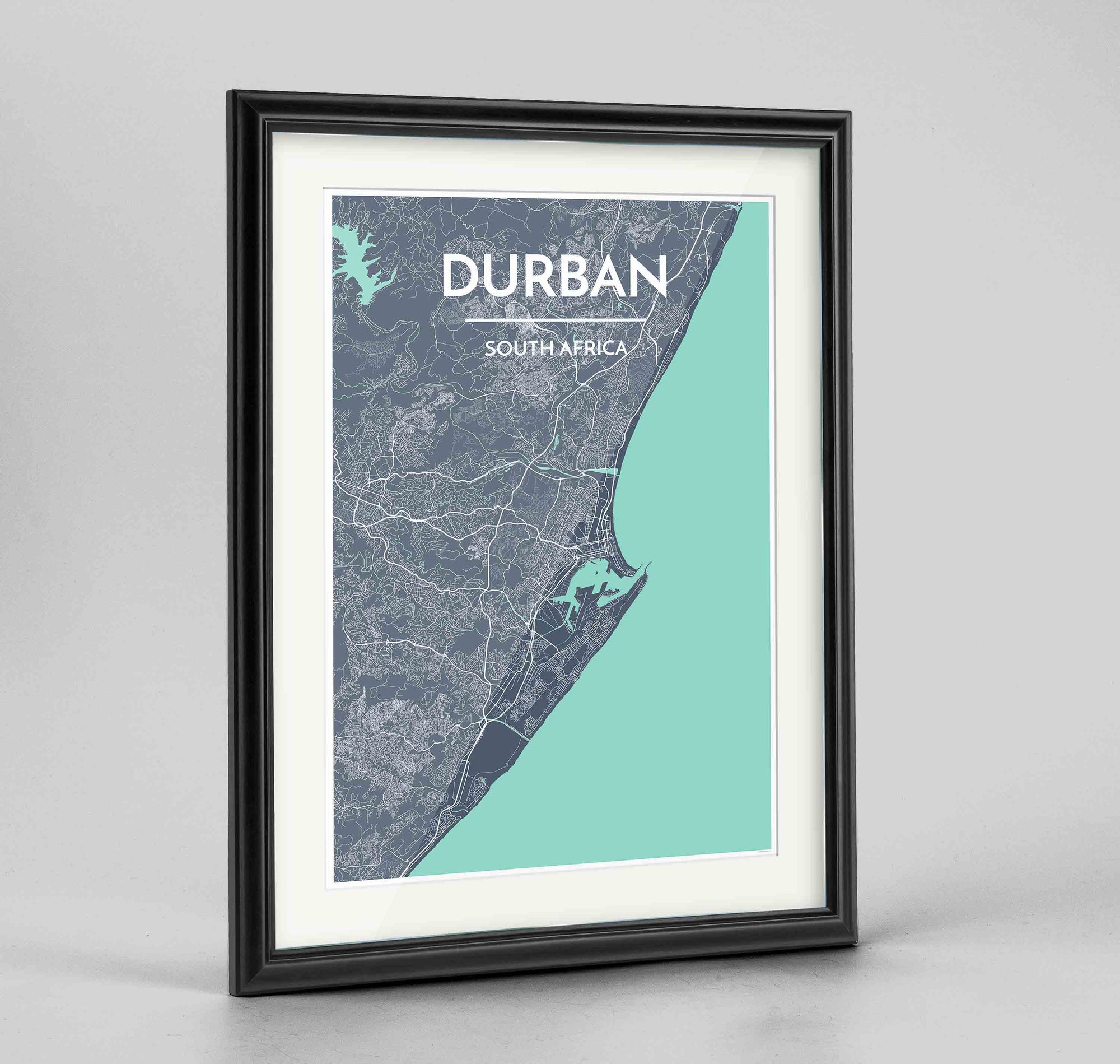 Framed Durban Map Art Print 24x36" Traditional Black frame Point Two Design Group