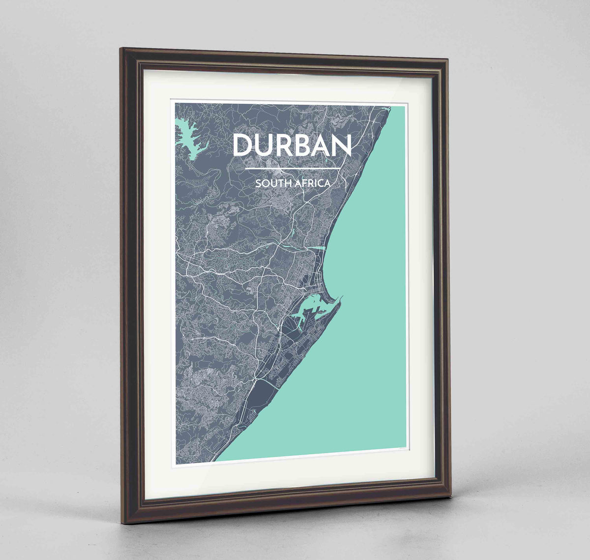 Framed Durban Map Art Print 24x36&quot; Traditional Walnut frame Point Two Design Group