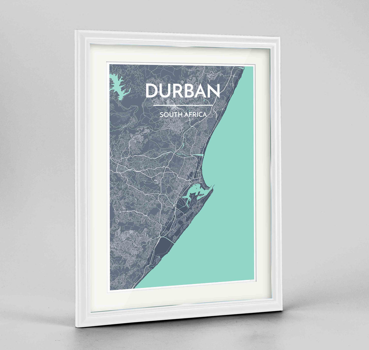 Framed Durban Map Art Print 24x36&quot; Traditional White frame Point Two Design Group