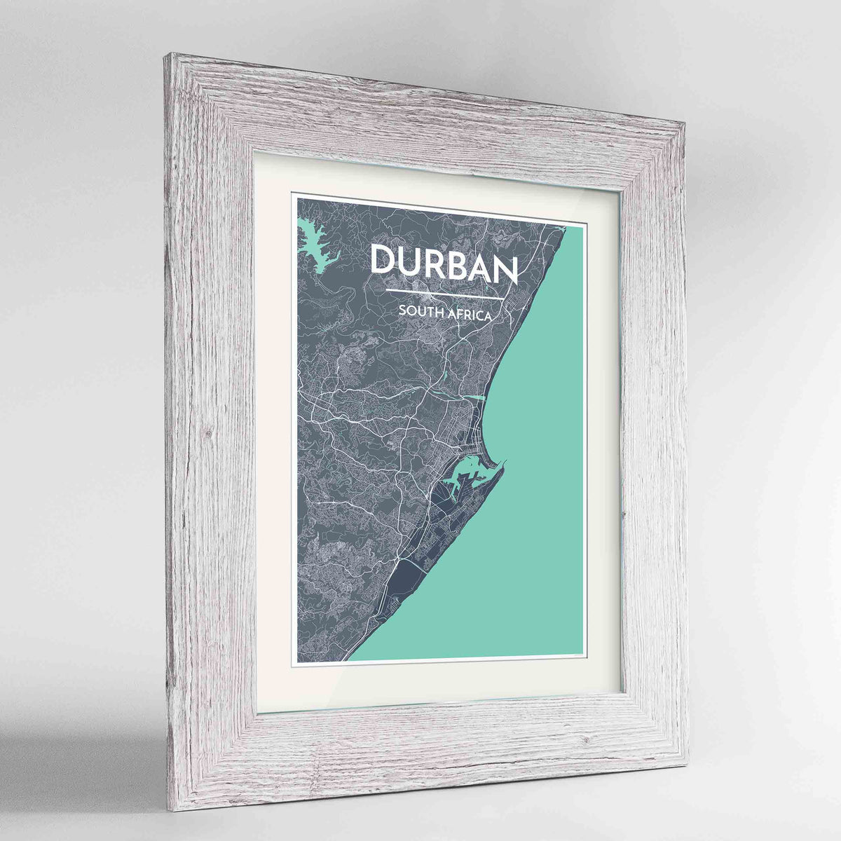 Framed Durban Map Art Print 24x36&quot; Western White frame Point Two Design Group