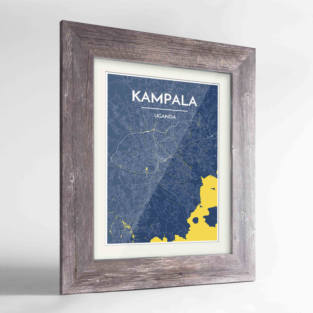 Framed Kampala Map Art Print 24x36&quot; Western Grey frame Point Two Design Group
