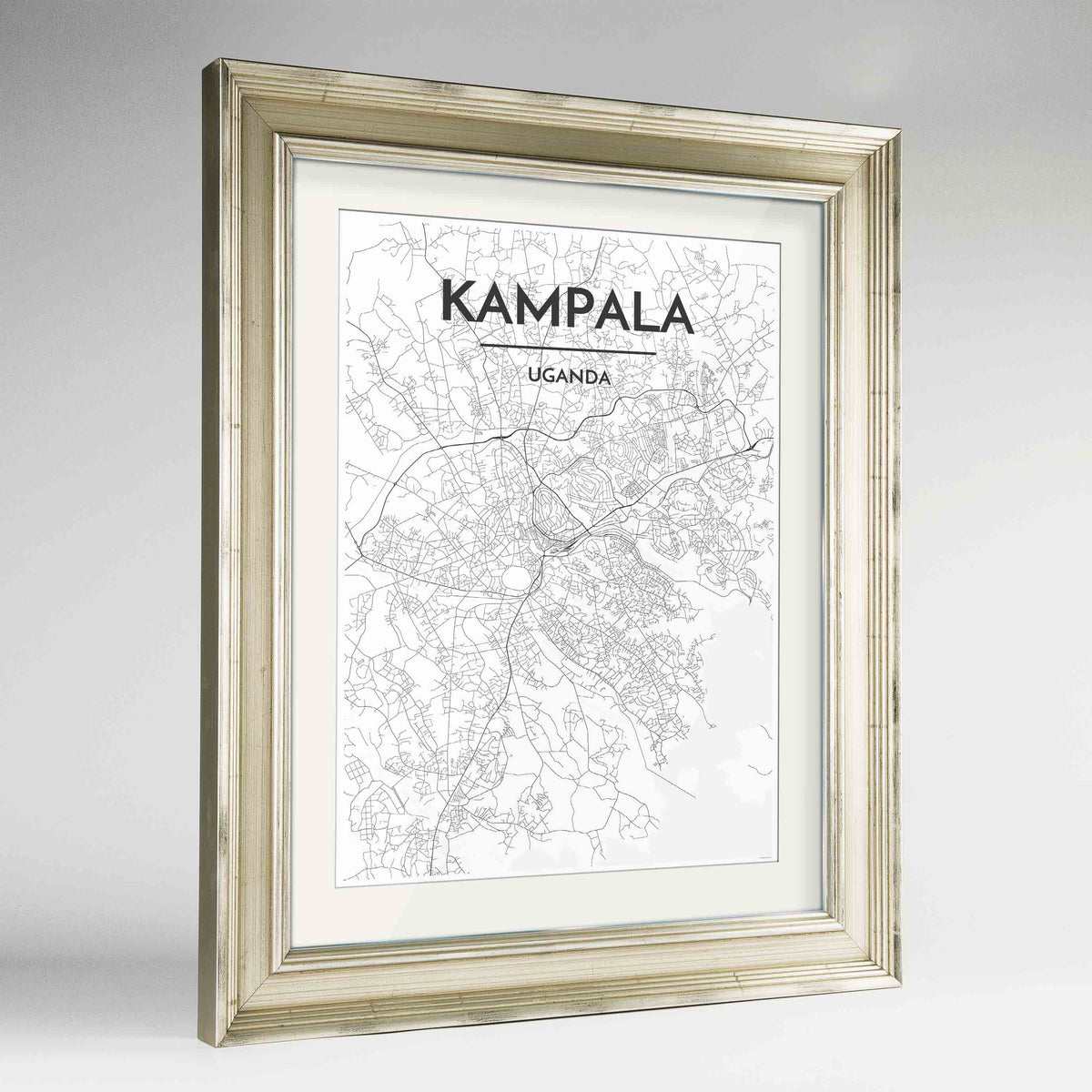 Framed Kampala Map Art Print 24x36&quot; Champagne frame Point Two Design Group